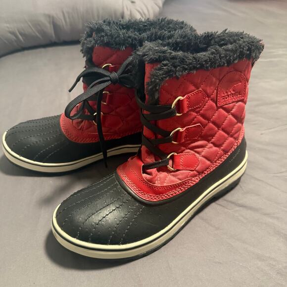 Sorel Tivoli Red Wmns Sz 8 Diamond Quilted Faux Fur Lined Snow Boots Waterproof - Picture 3 of 8